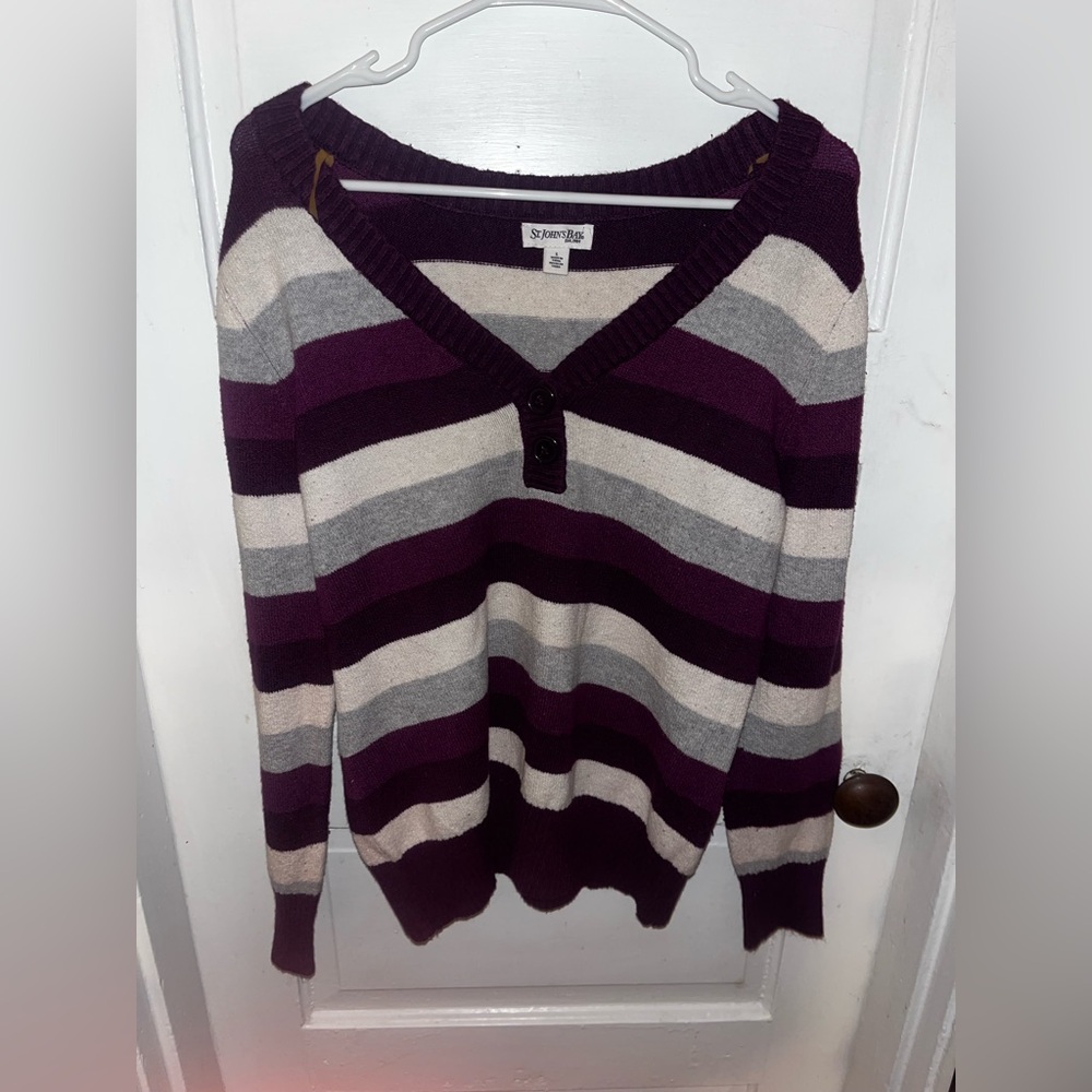 Striped Two-Tone Purple Button Down V-Neck Sweater